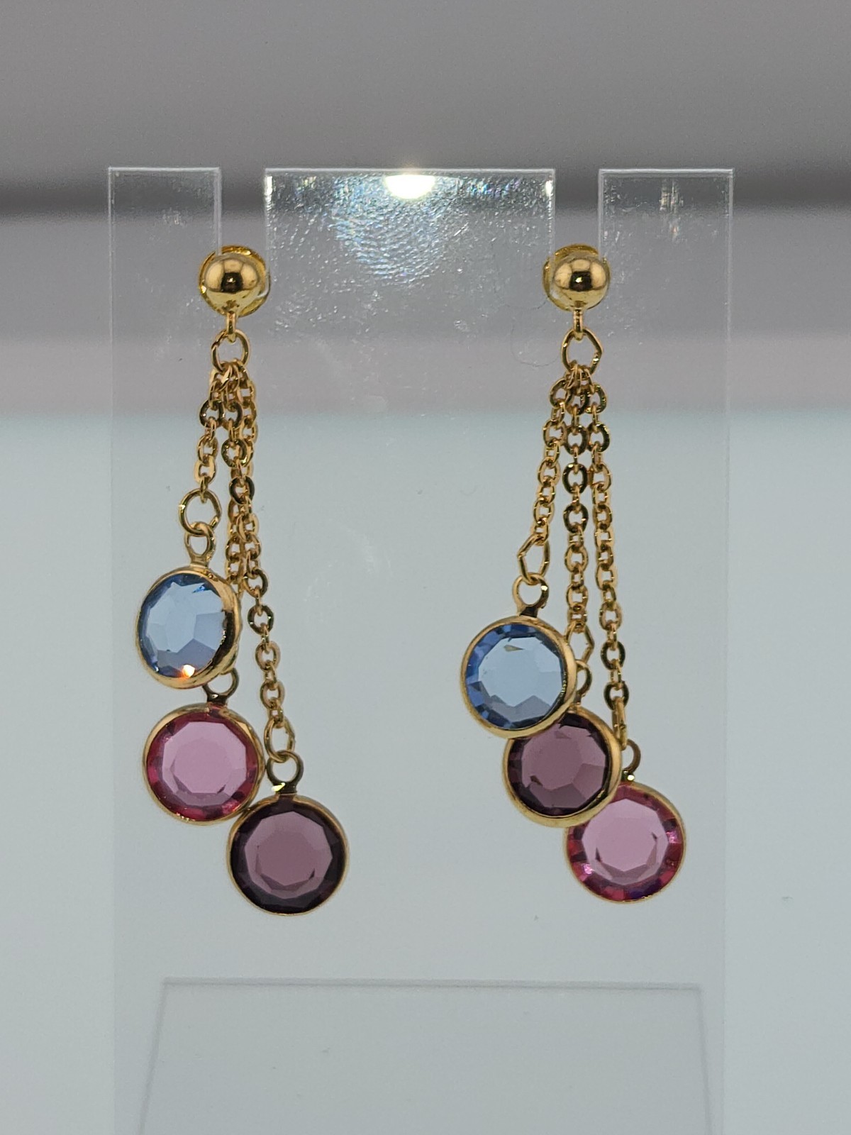 Gold Tone Colored Stone Dangle Drop Post Back Earrings