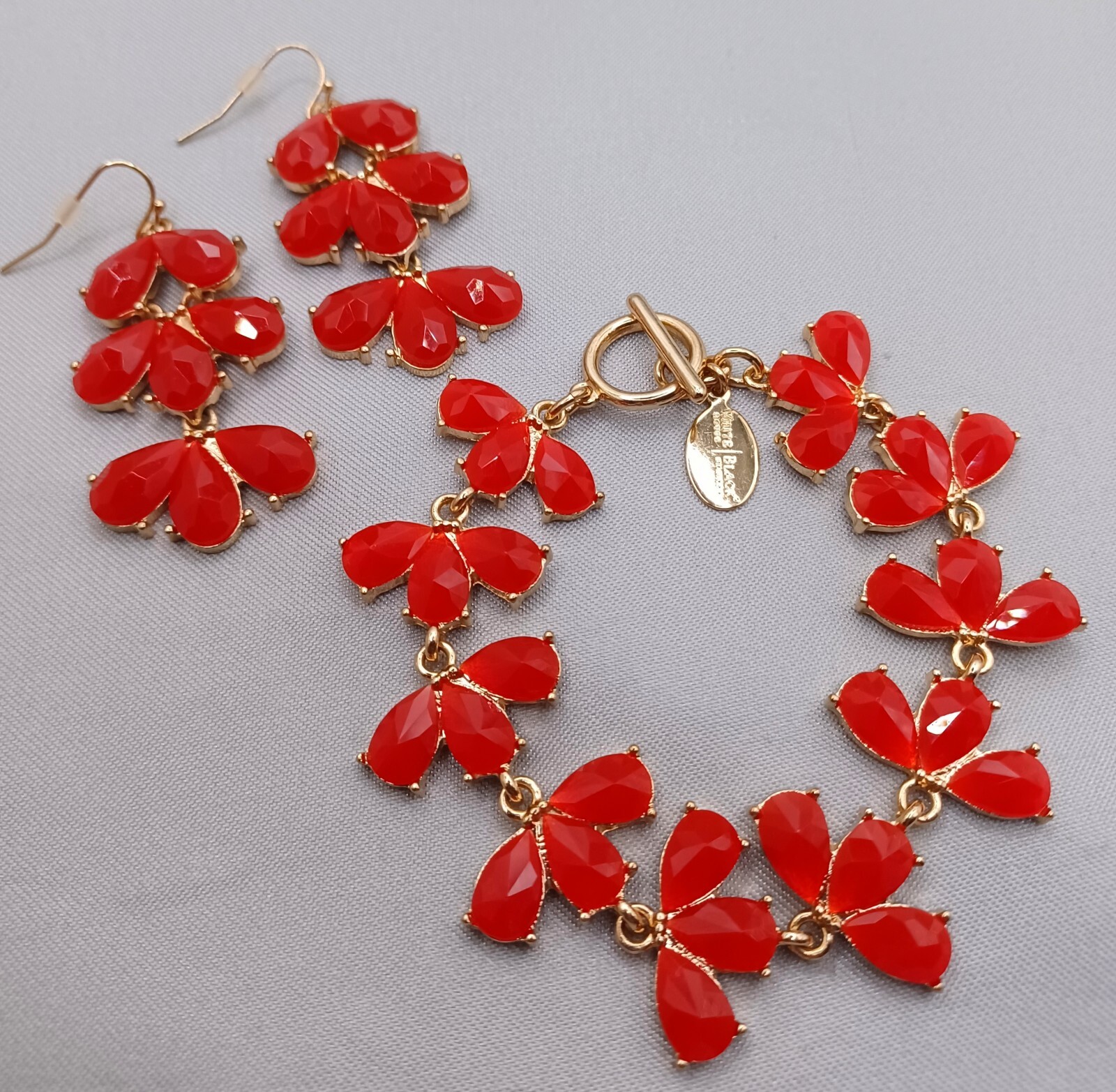 WHBM Red Rhinestone Bracelet & Earrings Gold Tone White House Black Market