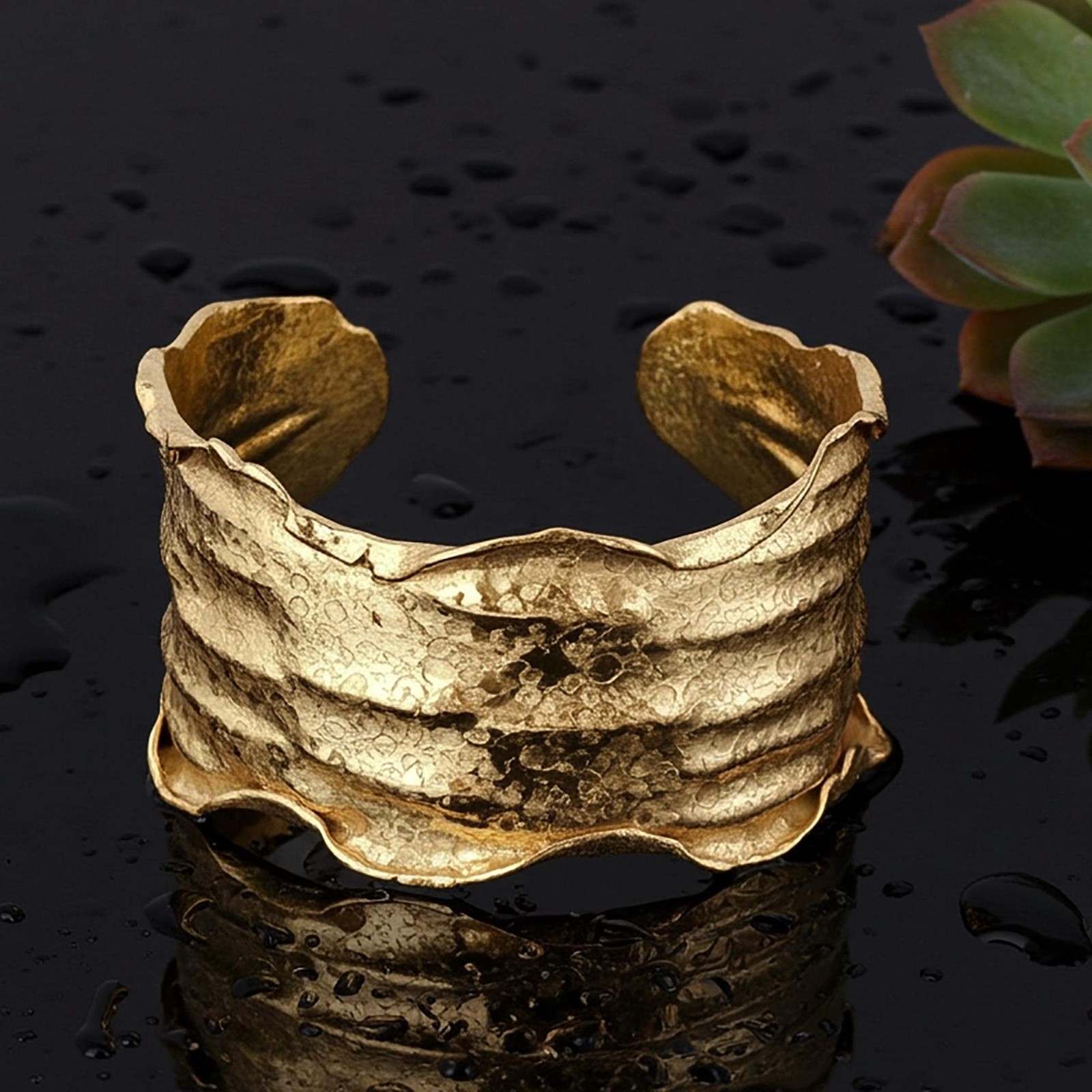 24K Gold Overlay Cuff Copper Base Torn Edge Crinkled Design Statement