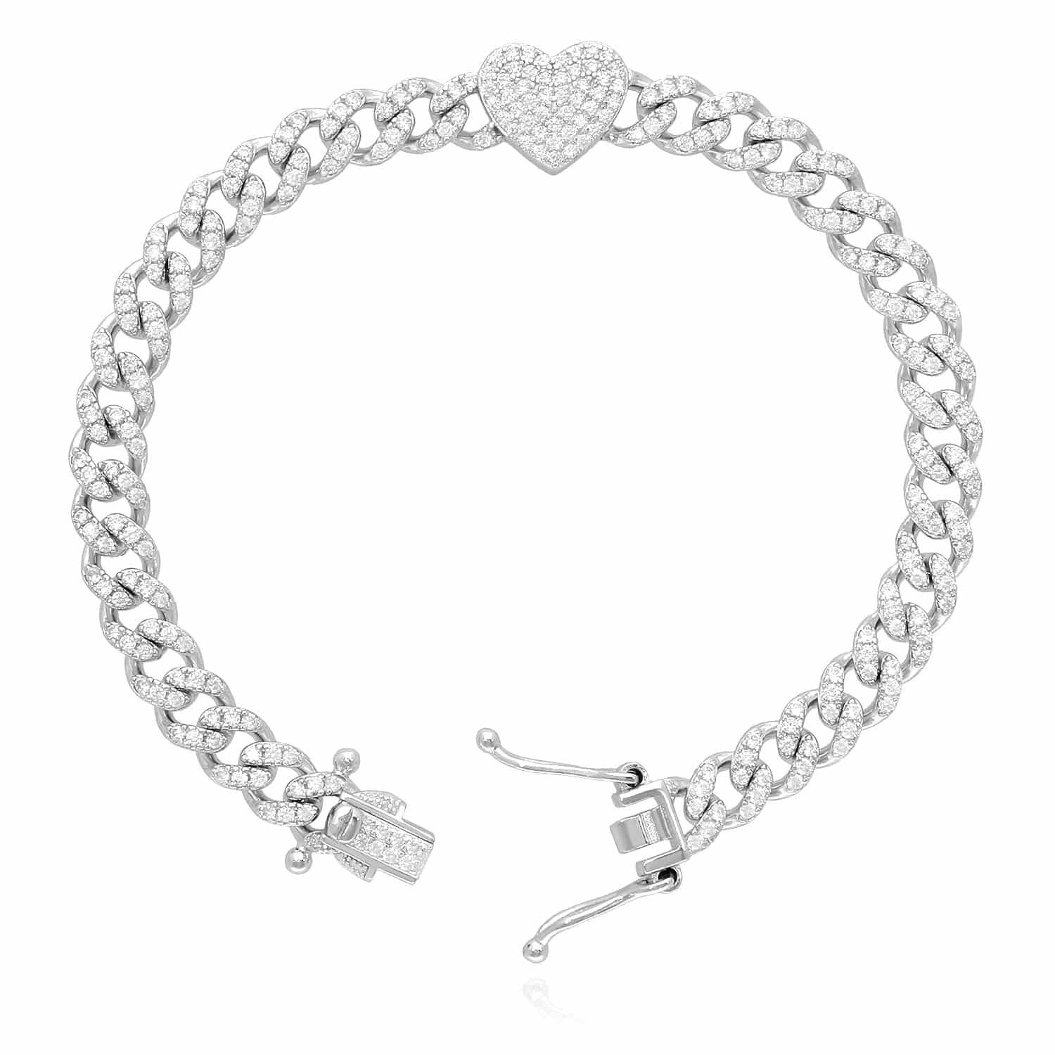 18K White Gold Over Silver CZ 6mm Pave Heart Miami Bracelet (Solid Links) 7.5″-8