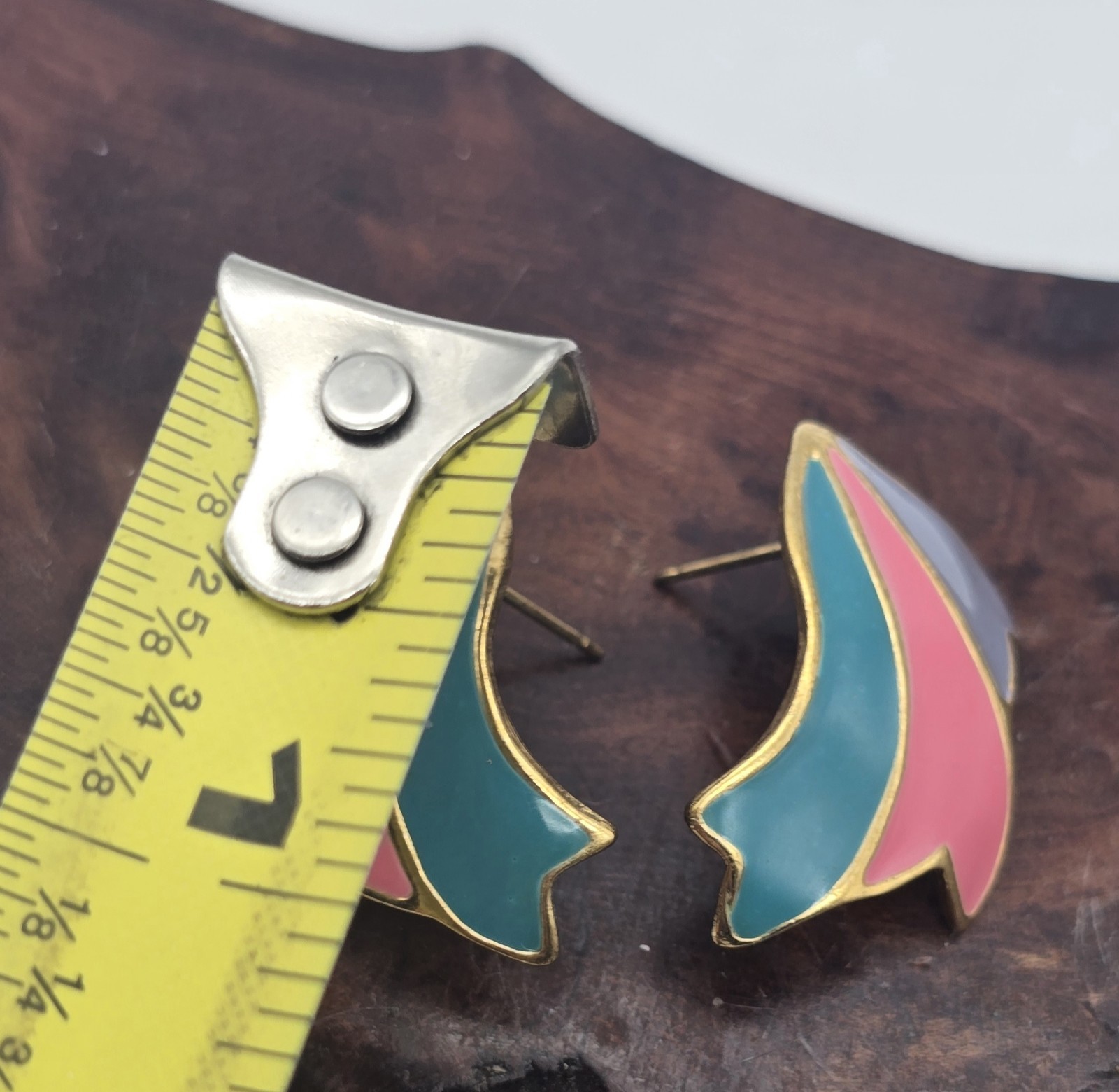 Enamel Gold Tone Tri Color Ribbon. Pierced Earrings Signed Allison Reed