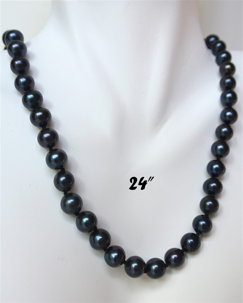 Long 24″ Inch ROUND 9-10mm Black Pearl Necklace Genuine Cultured Freshwater