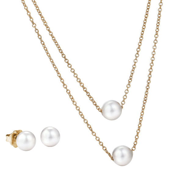 JOIA De Majorca 8mm Organic Man-Made Pearl Double Chain Necklace & 8mm Stud E…