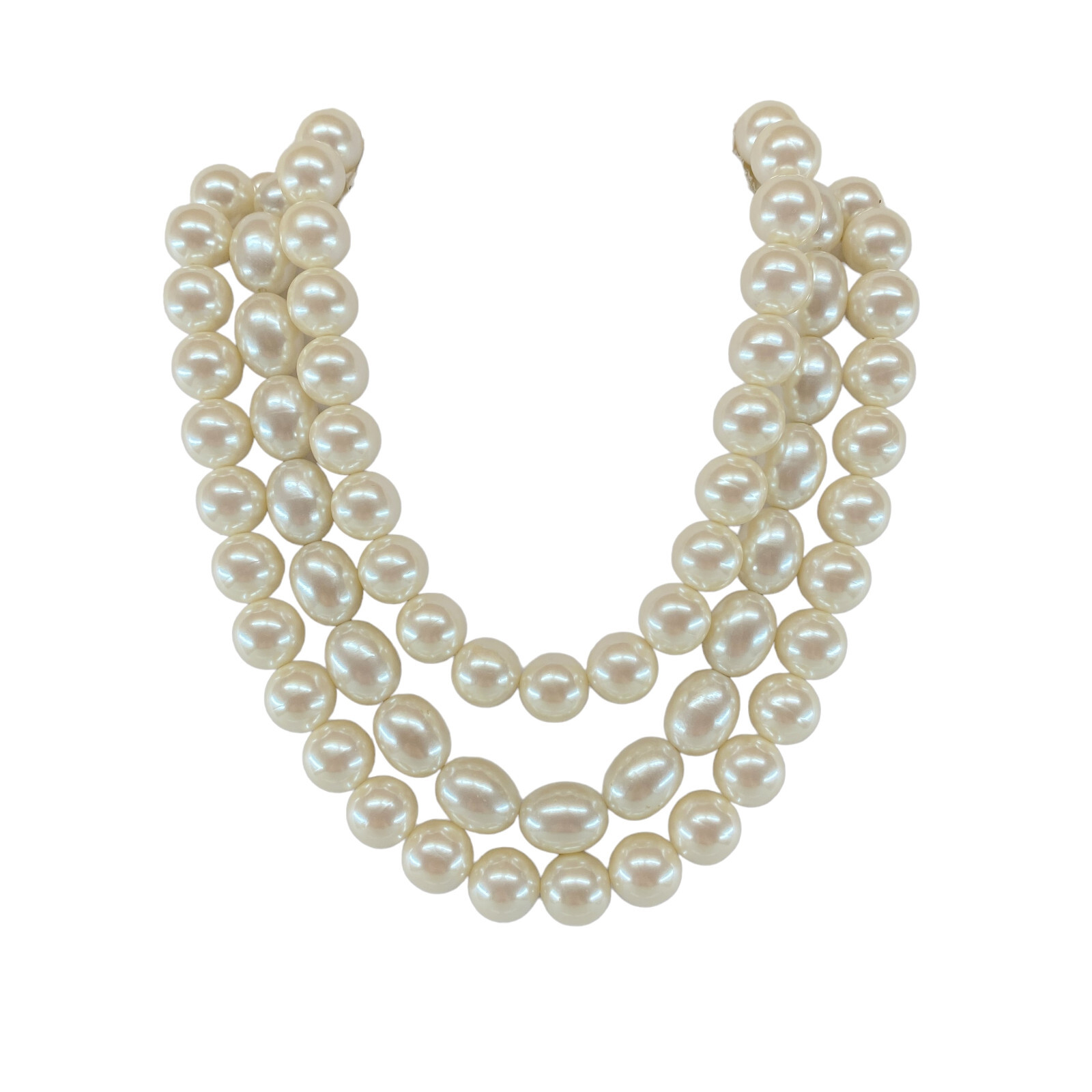 Iridescent Faux Pearl Necklace Ivory Round Oval Three Strand Goldtone Clasp