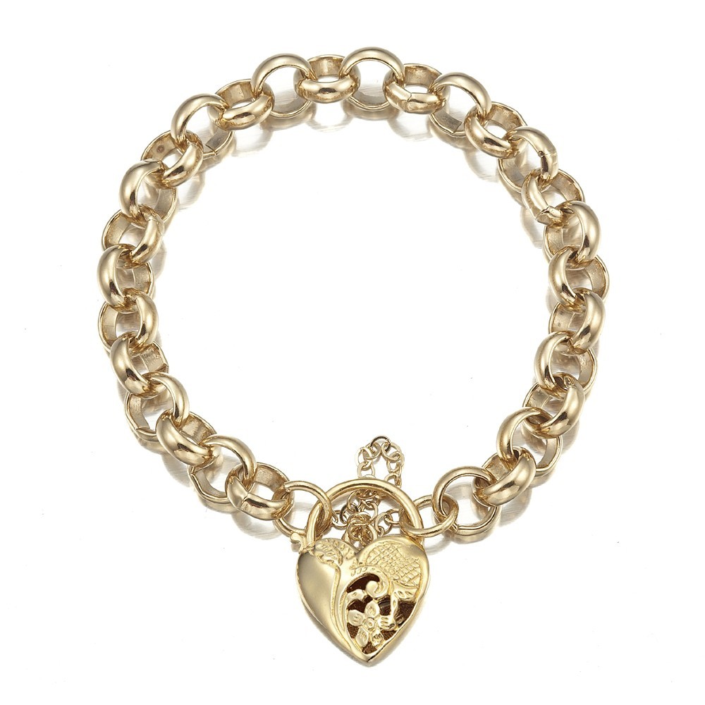18K GL Solid Thick Chunky Belcher Gold Bracelet with Half Filigree Heart Padlock