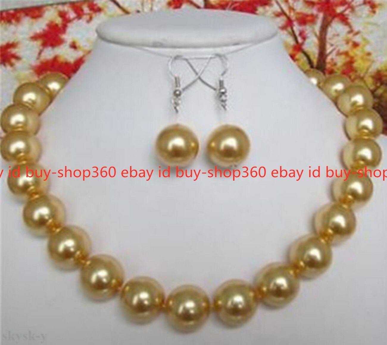 Rare 8/10/12/14/16mm Natural Yellow South Sea Shell Pearl Necklace18”Earring