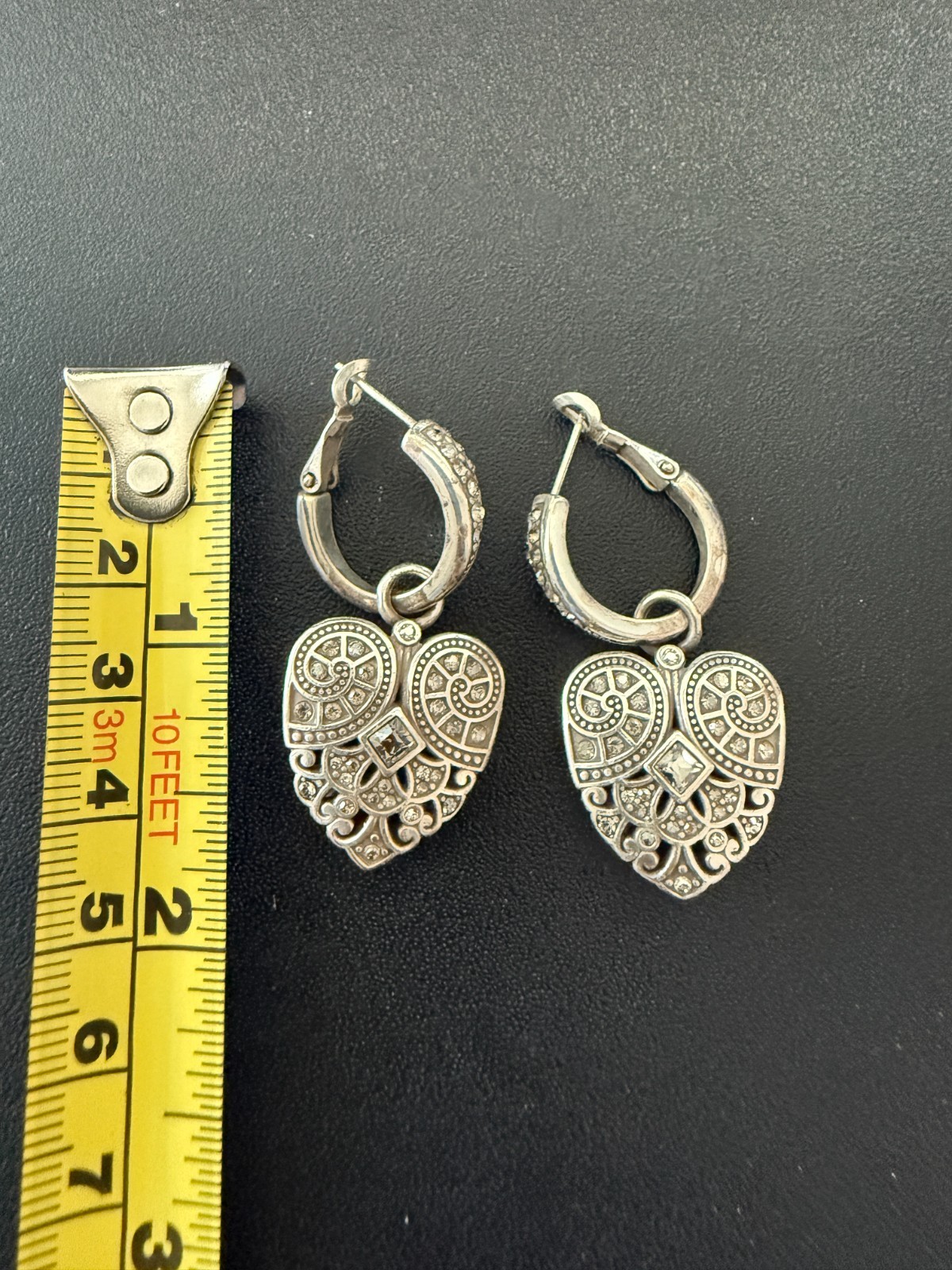 Brighton Silver Tone Heart Rhinestone Earrings Very Good Condition