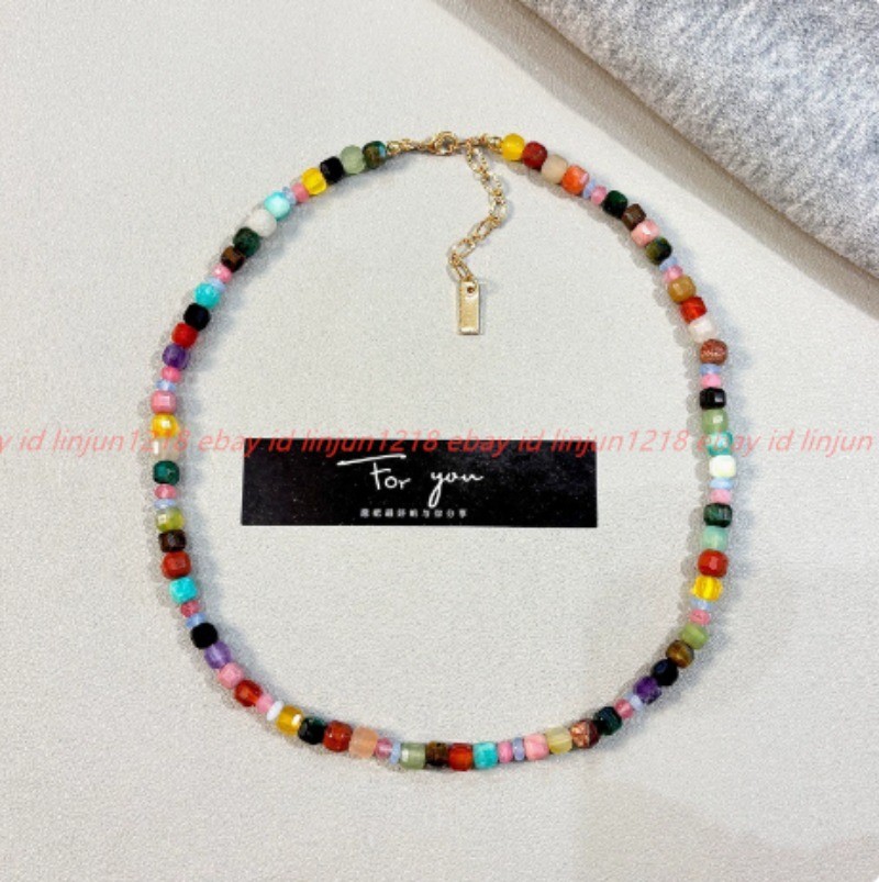 Pretty Rainbow Colors Natural Stone Turquoise Gems Square Bead Necklace 42+5cm