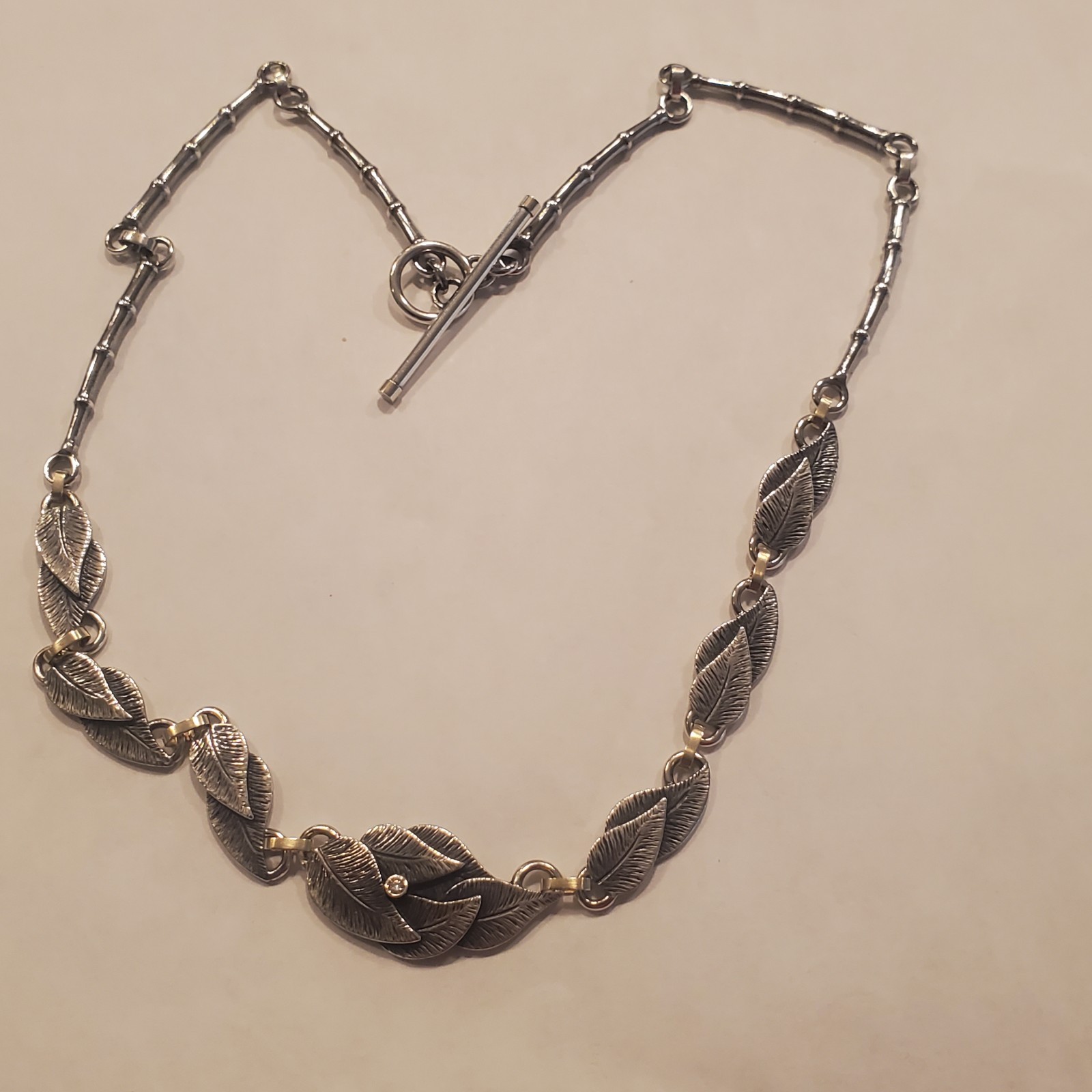 Sterling Silver Leaf & Bamboo style necklace links with diamond
