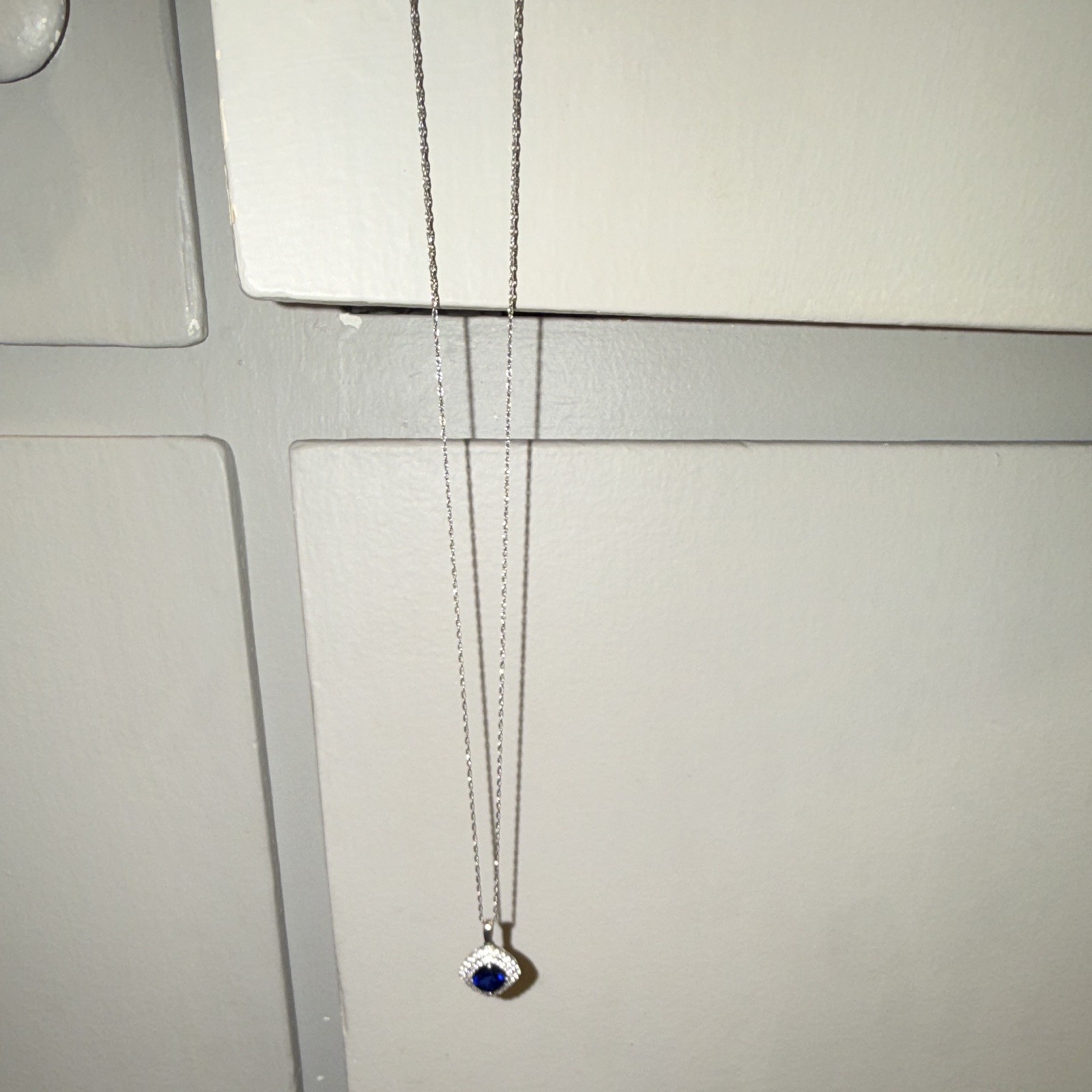 Silver Tone Metal Cable Chain Necklace Blue Cushion Square Halo Charm Pendant