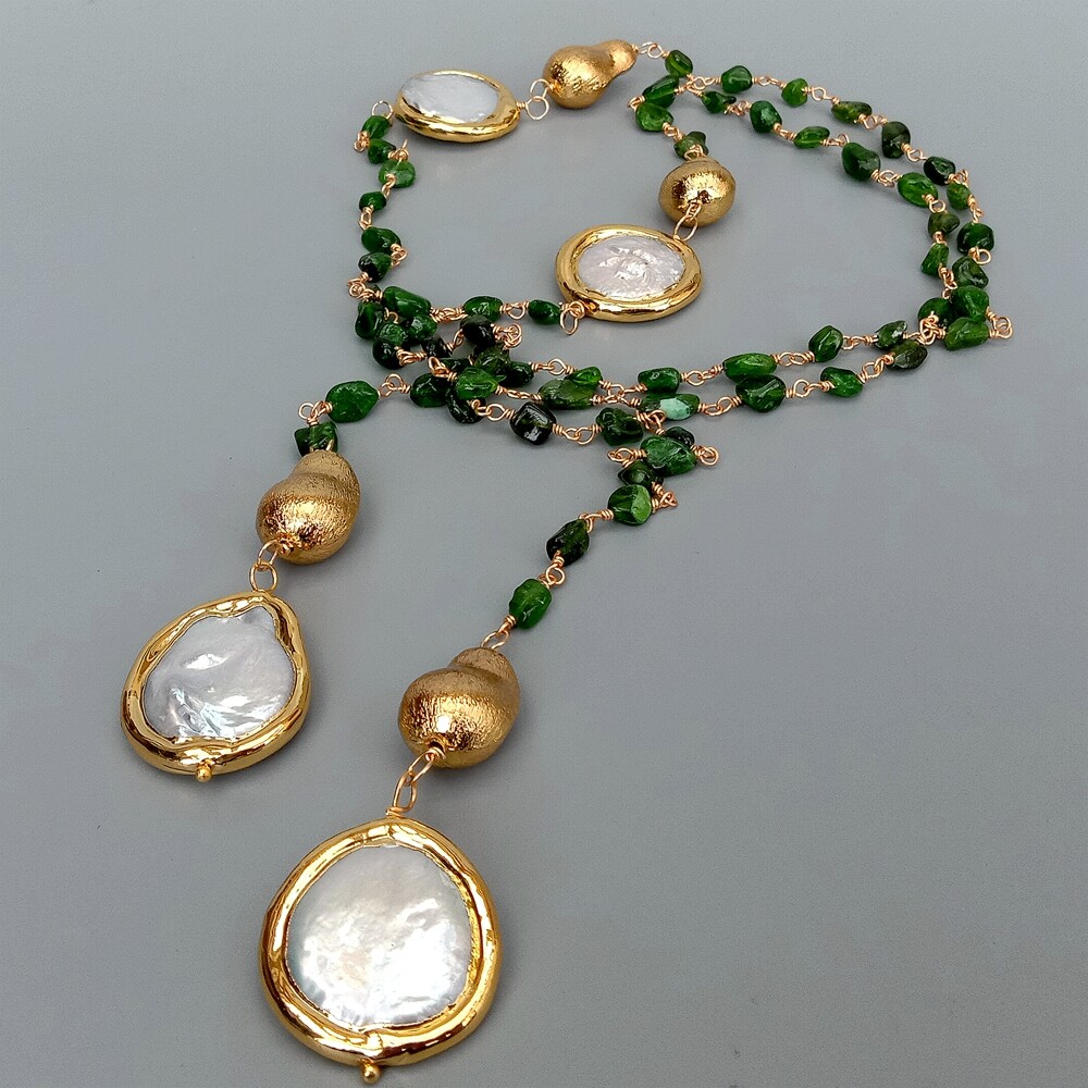 Natural Green Diopside Cultured White Coin Pearl Long Necklace 41″