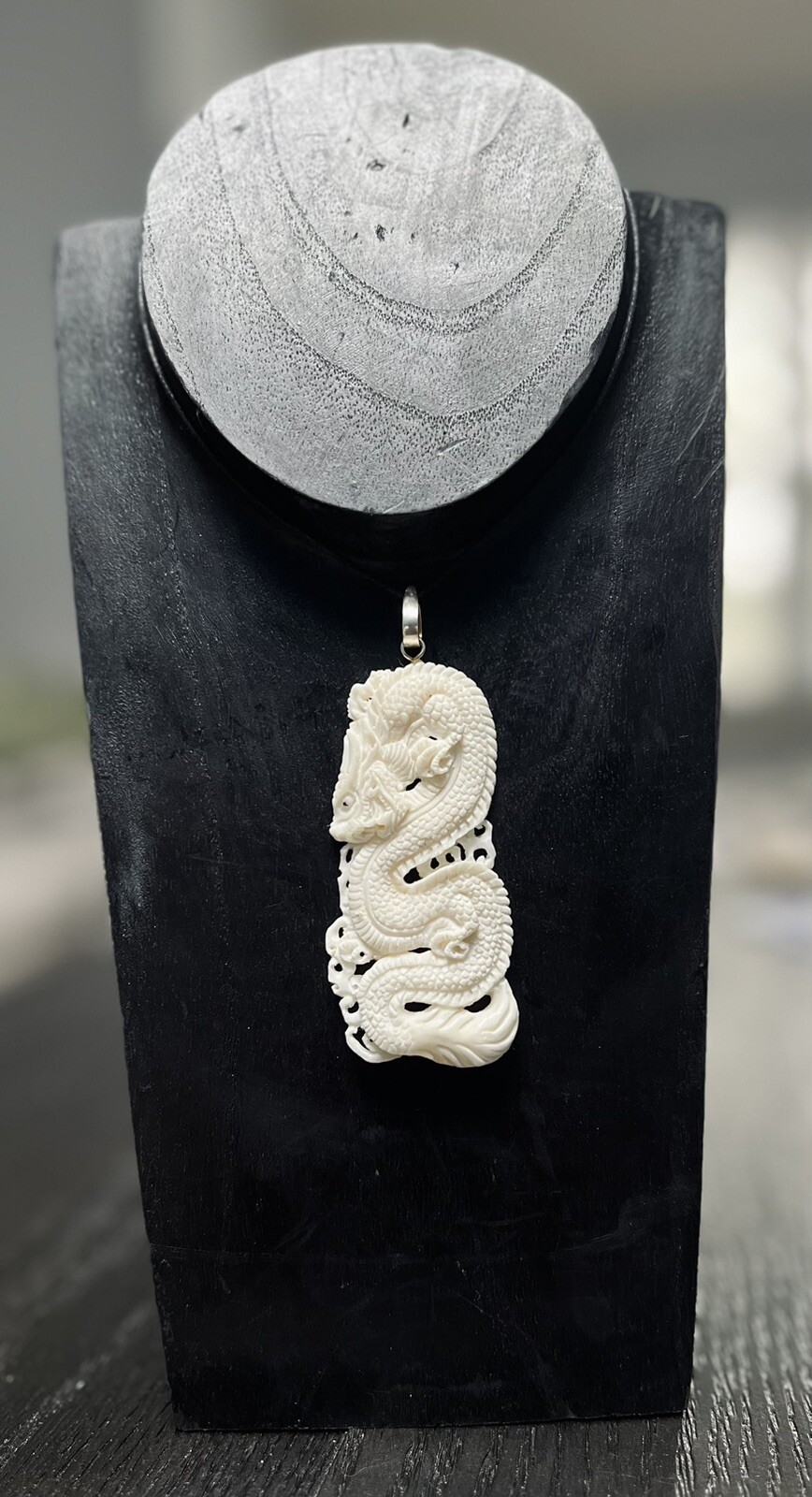 Dragon Chinese Fierce Sterling Silver 925 Hand Carved Bone Cow Pendant Necklace