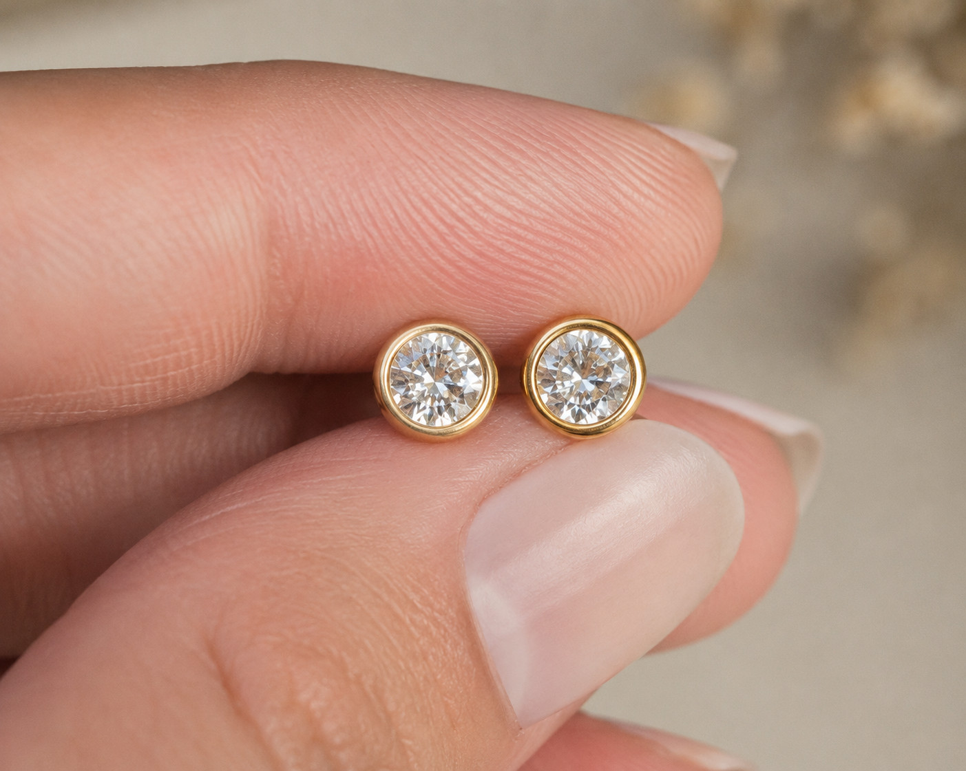 5mm Round Bezel CZ Stud Earrings 925 Sterling Silver 14K Gold Plated Women