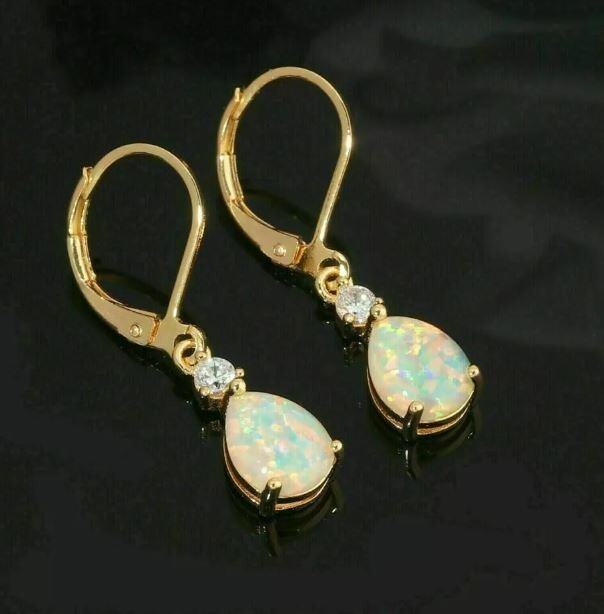 3Ct Lab Created Fire Opal Diamond Halo Drop Dangle Earrings 14k Yellow Gold Over
