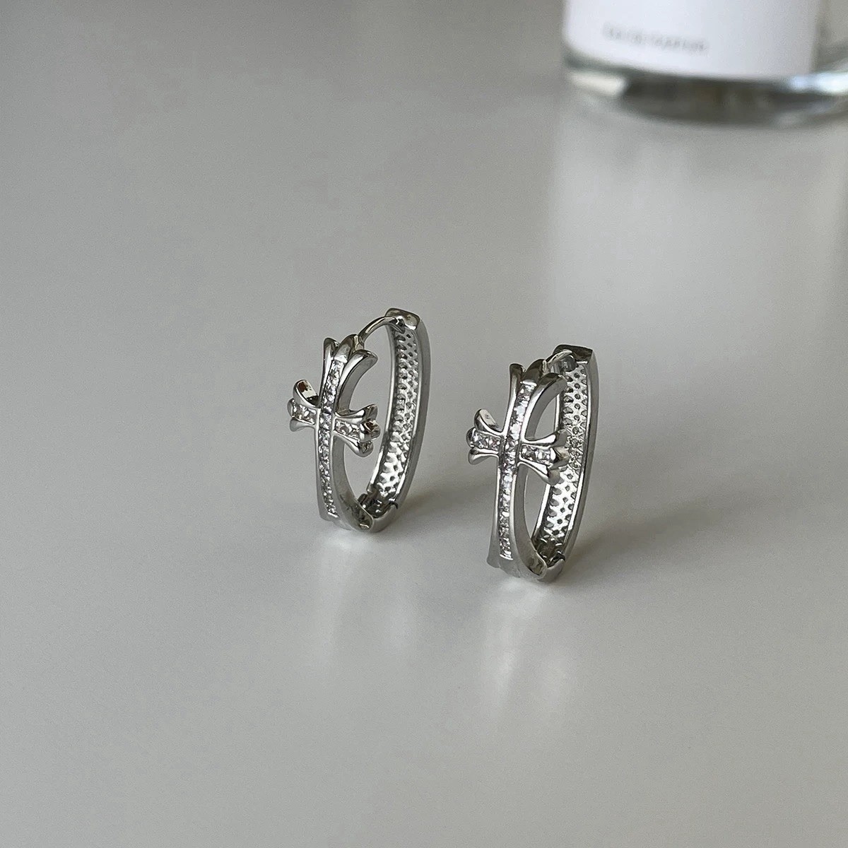 Silver Tone Huggie Hoop Earrings Clear Rhinestone Bow Knot Dainty Small Jewelry