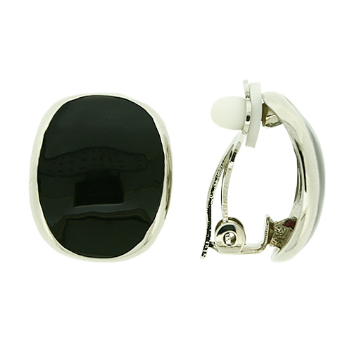 BRAND NEW VINTAGE INSPIRED RHODIUM PLATED & BLACK ENAMEL CLIP-ON EARRINGS