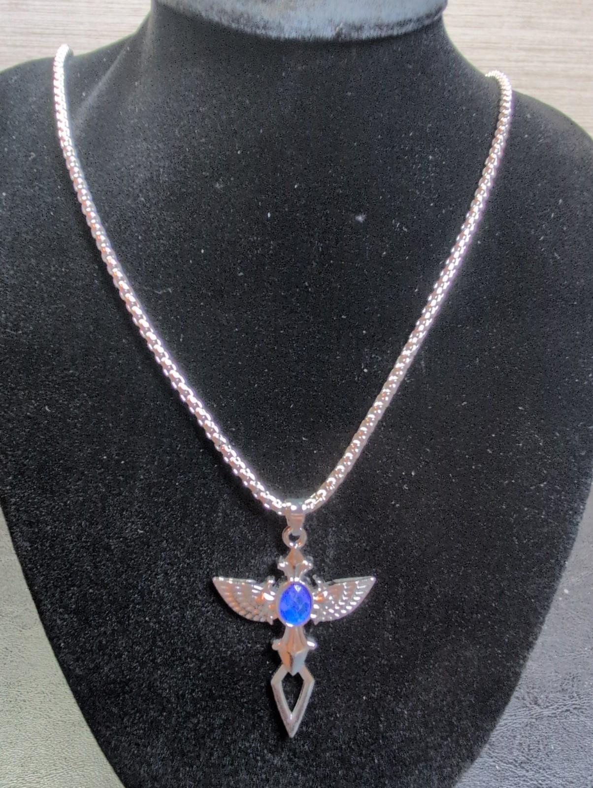 22-In Necklace Eagle And Dagger 925 Sterling Plated Blue Faux Stone