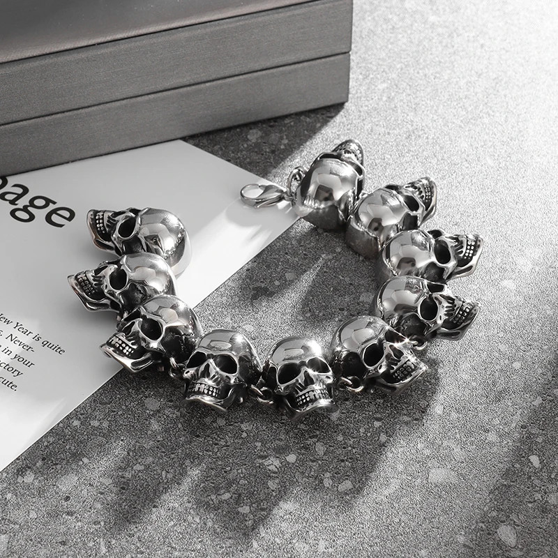 Gothic Hell Demon Ghost Head Full Skull Bracelet Men Punk Rock Halloween Jewelry