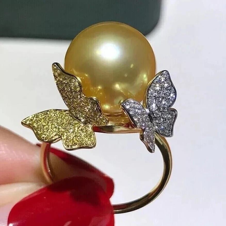 Gorgeous Huge AAAA+9-10 mm Natural South Sea Golden Round pearl Ring 925S