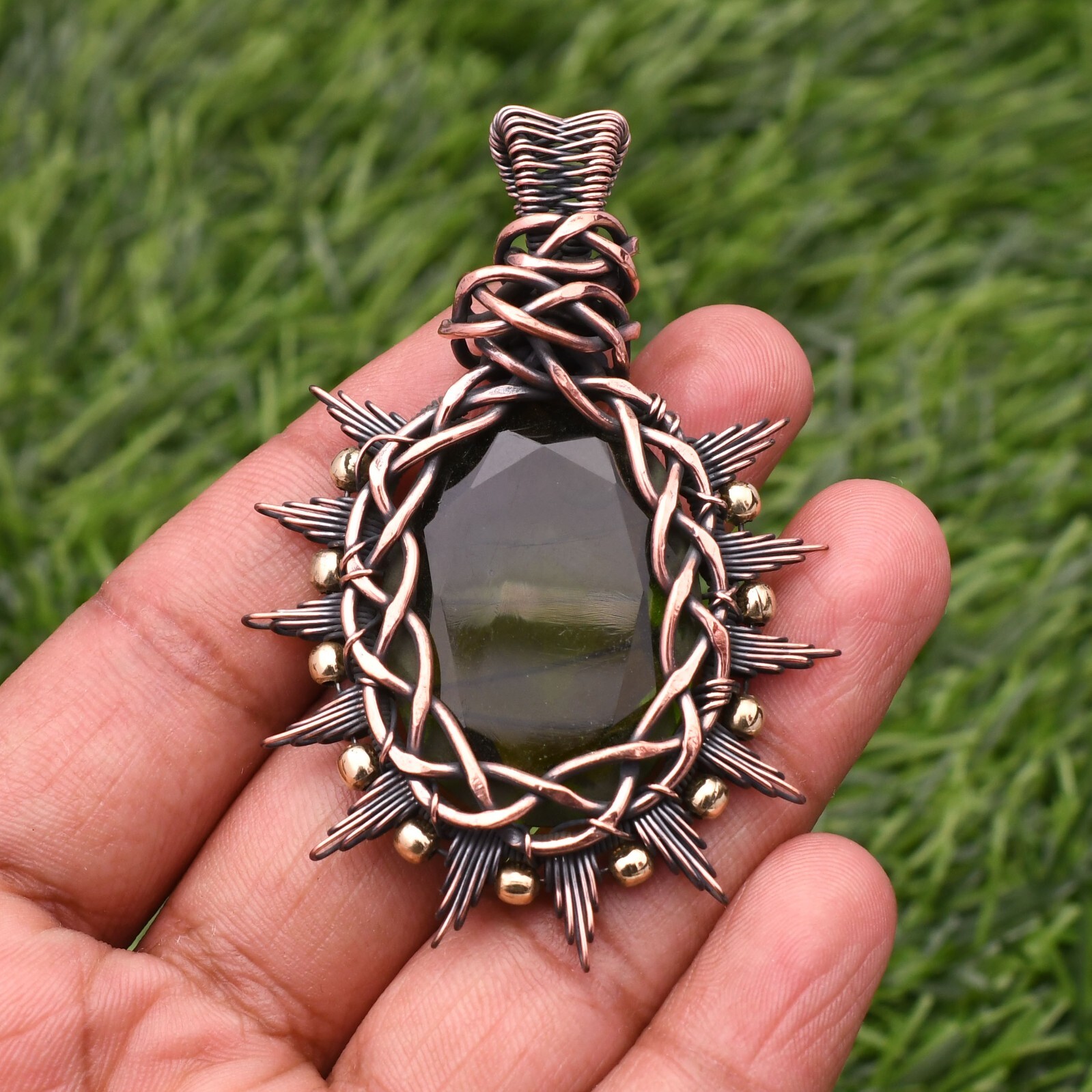 Green Peridot Gemstone Copper Wire Wrap Handmade Jewelry Pendant 2.28″