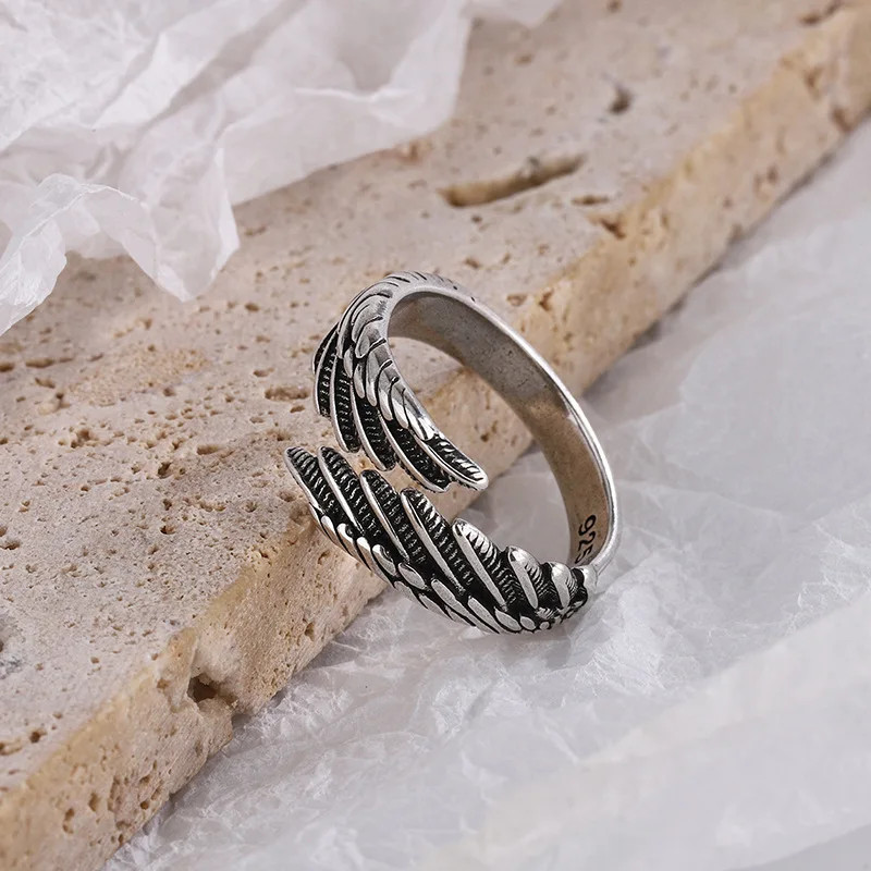 925 Sterling Silver Angel Wing Feather Adjustable Rings For Women Engagement