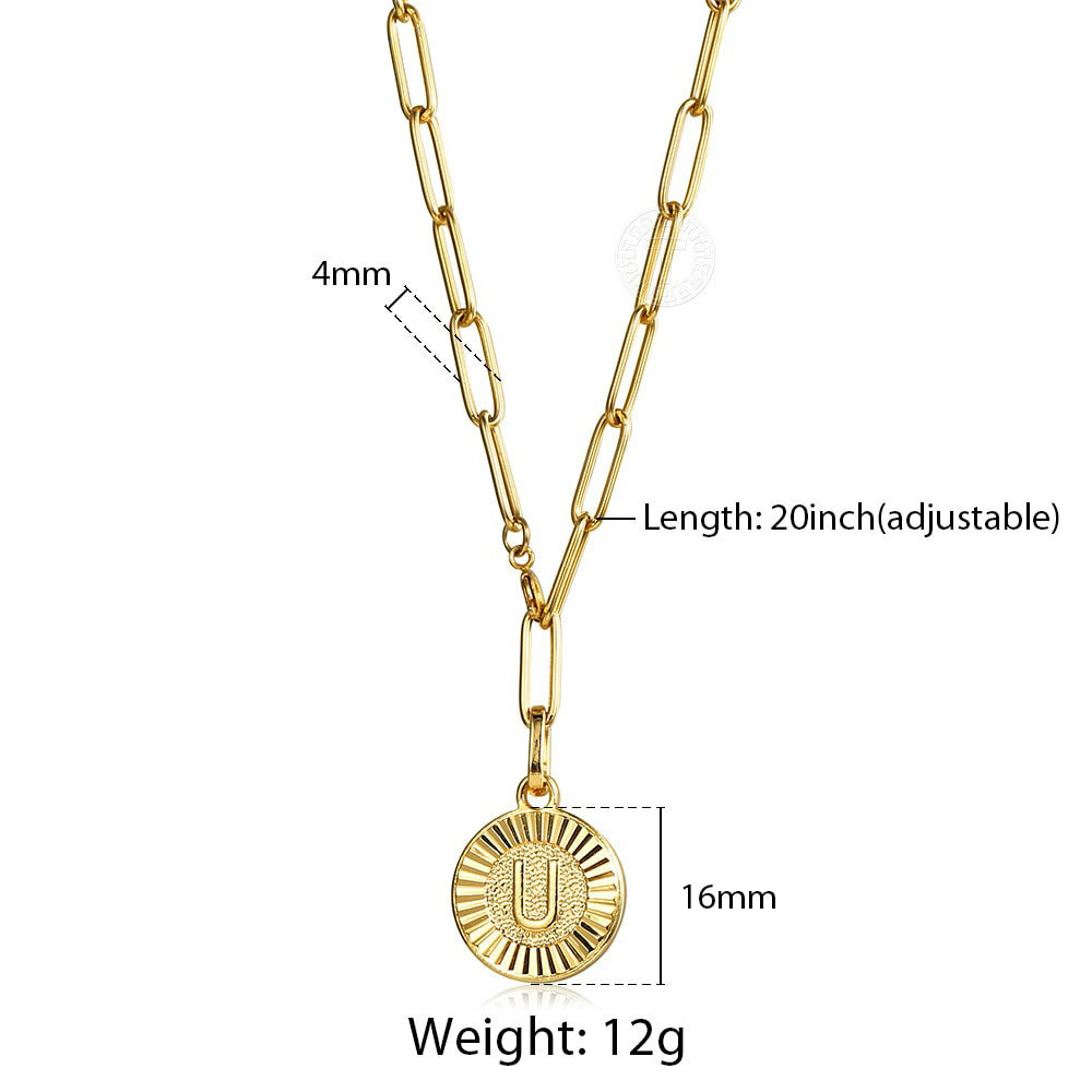 Gold Plated Initial Letter Pendant Necklace Stainless Steel Paperclip Chain 20″