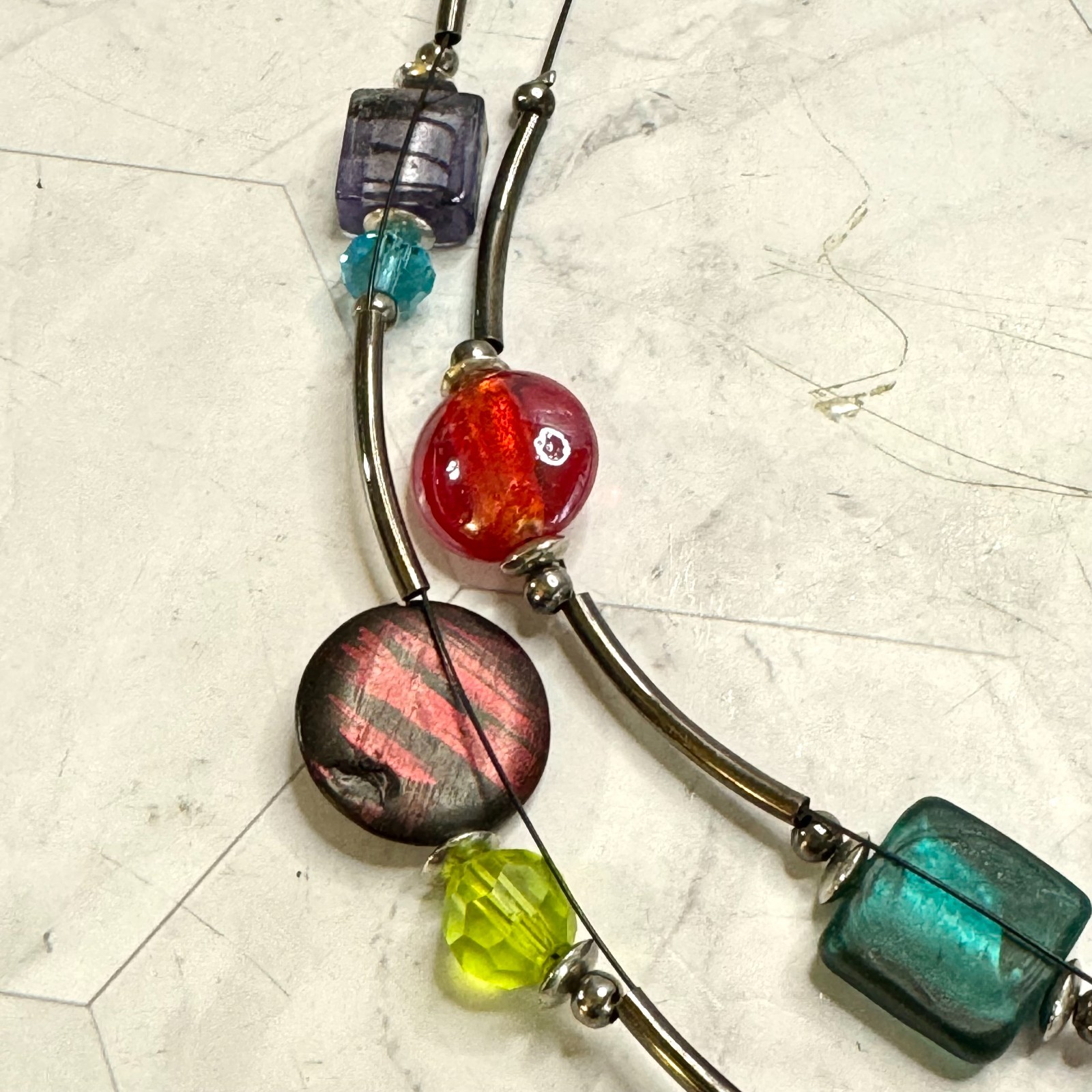 Ikita Glass Bead Necklace Two Strand Disc Stations Black Tone Metal Colorful