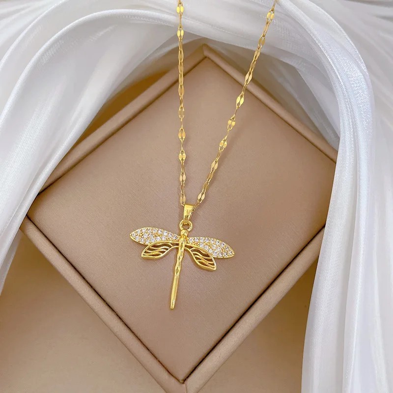 Women’s Fashion Jewelry Gold Cubic Zircon Dragonfly Pendant Necklace 427