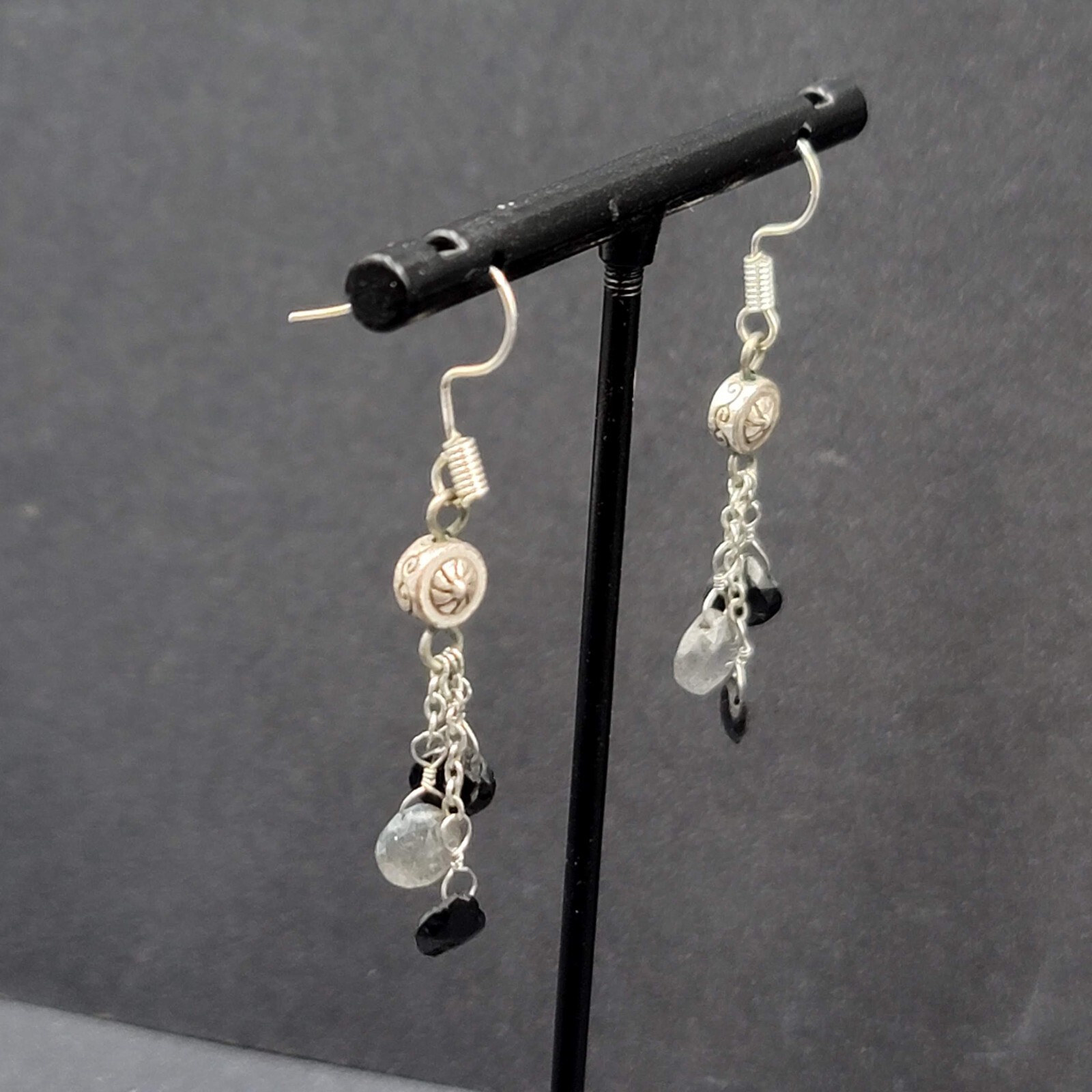 Pierced Earrings Silver tone Black Gray Stones on Dangle Chains 1.25″