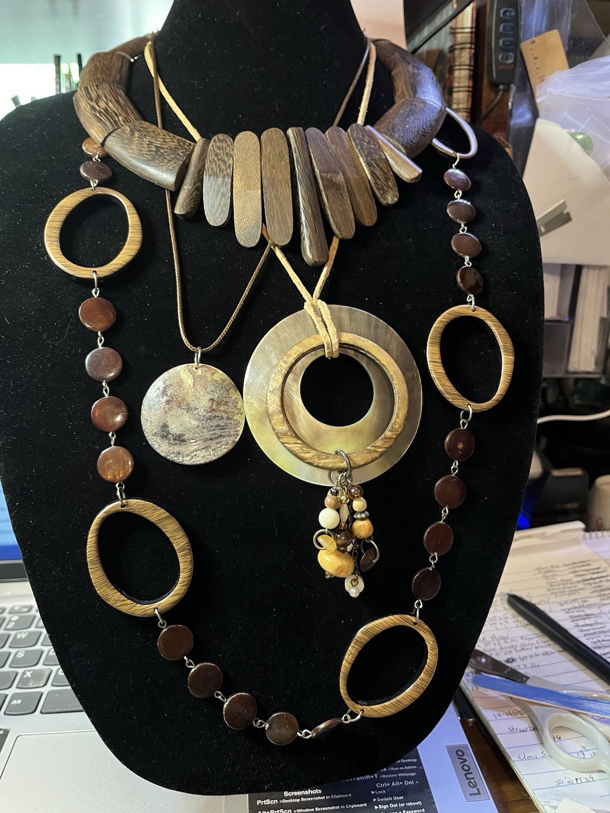 necklace lot x 4 fashion wood shell beads leather brown shades lobster hook