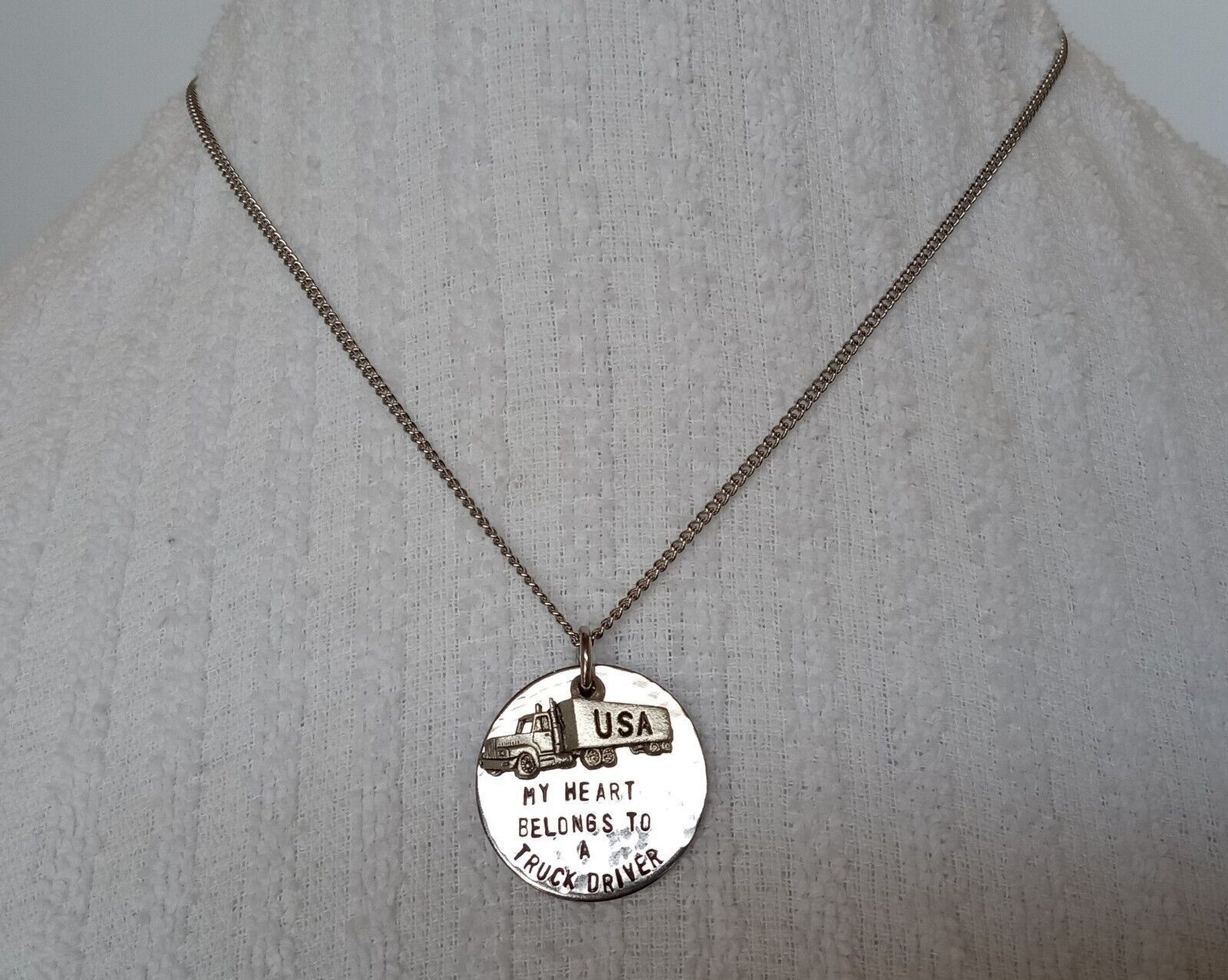 Silvertone Hand Stamped “My Heart Belongs To A Truck Driver” Necklace 18 in