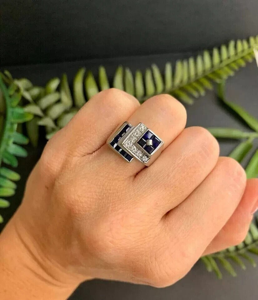 Mens Cluster Simulated 2.00Ct Sapphire Wedding Party Ring 925 Sterling Silver