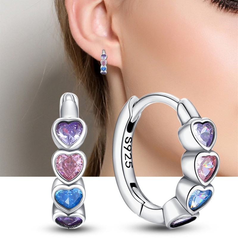 PANDACH 925 Sterling Silver Tiny Colorful Heart Huggie Hoop Earrings For Women