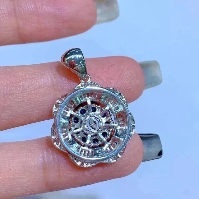 925 Silver Flower Charm Pendant Chain Simulated Sapphire 14K White Gold Finish