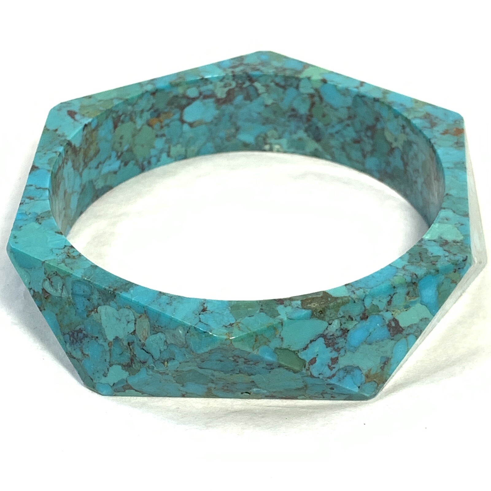 Carved Composite Stone Turquoise Bangle Bracelet Faceted Green Blue 8″