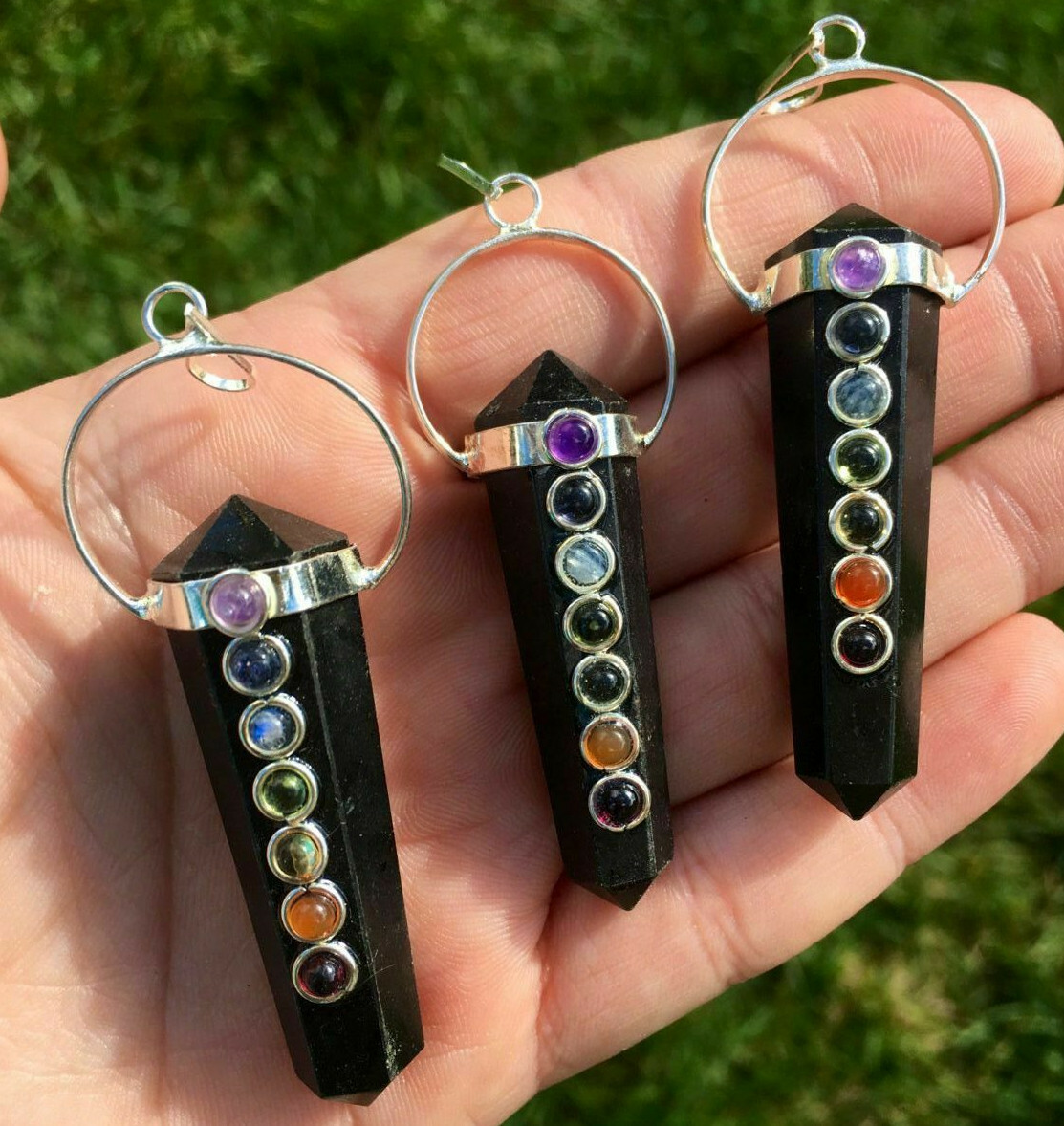 Black Tourmaline Crystal Double Point 7 Chakra Stone Pendant Necklace Reiki Heal