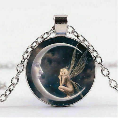 FAIRY CRESCENT MOON ANGEL pendant 24″ Sterling Silver 925 necklace chain women