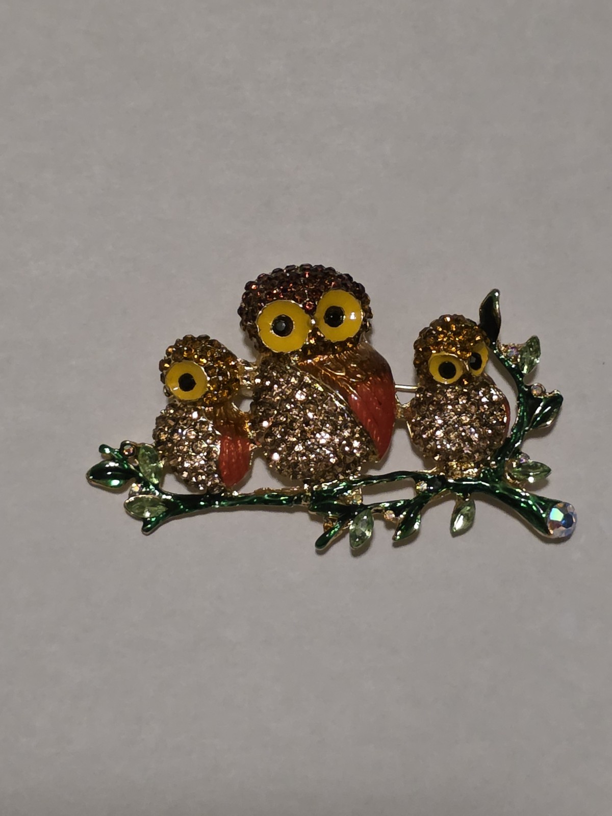 Gold Tone Owl Family on Branch Brooch Pin w/ Rhinestone & Enamel 3 in