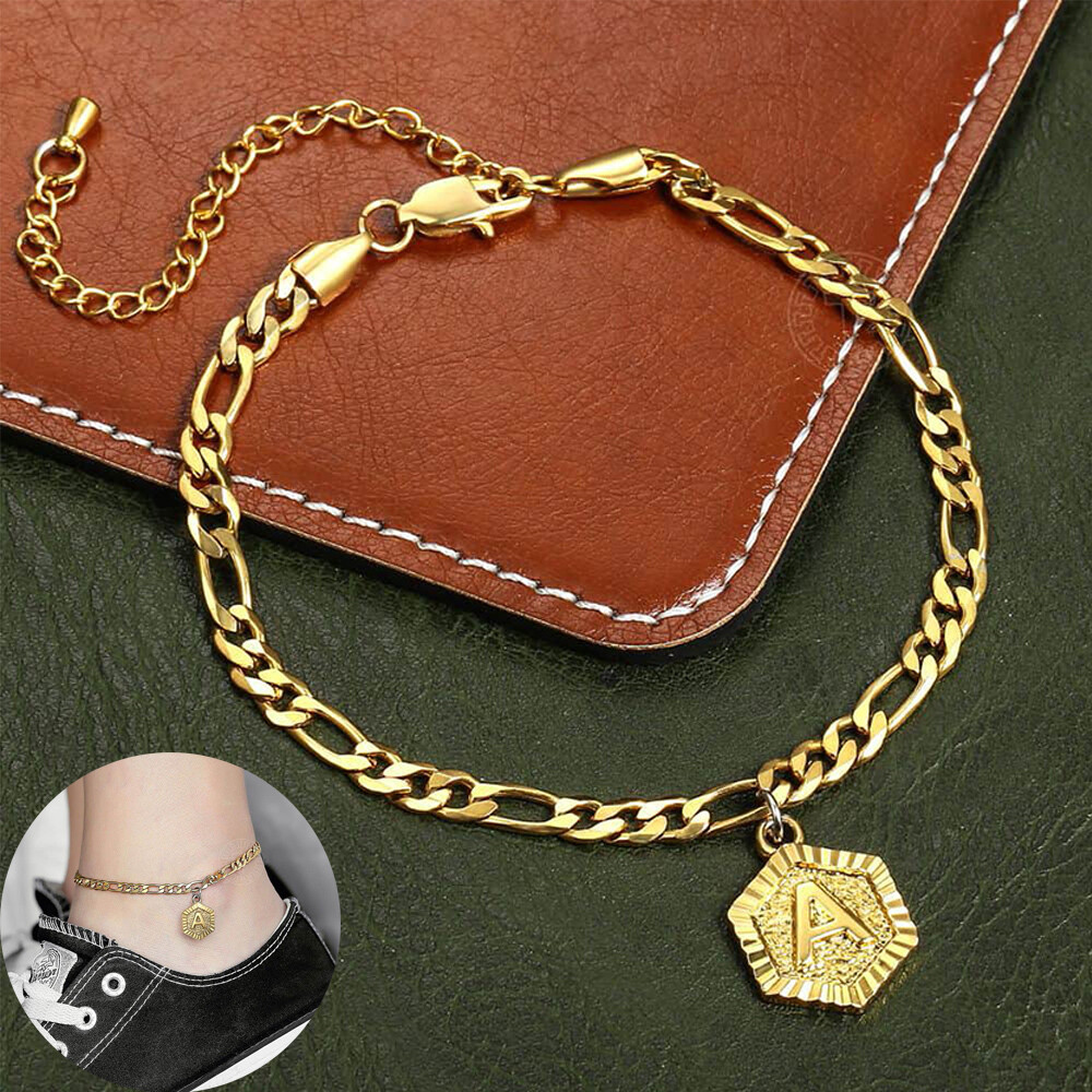 5mm Figaro Hexagon Initial Letter Charm Anklet Bracelet Gold Plated Foot chain