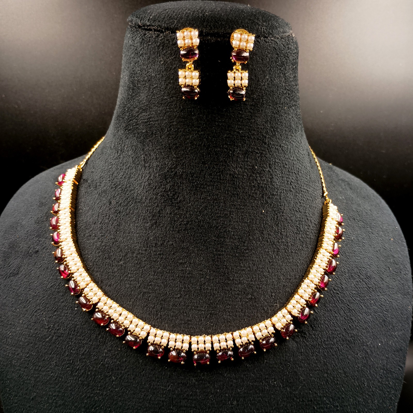 Garnet and Pearl Necklace Set 22k Gold Plated Traditional Ethnic Jewelry