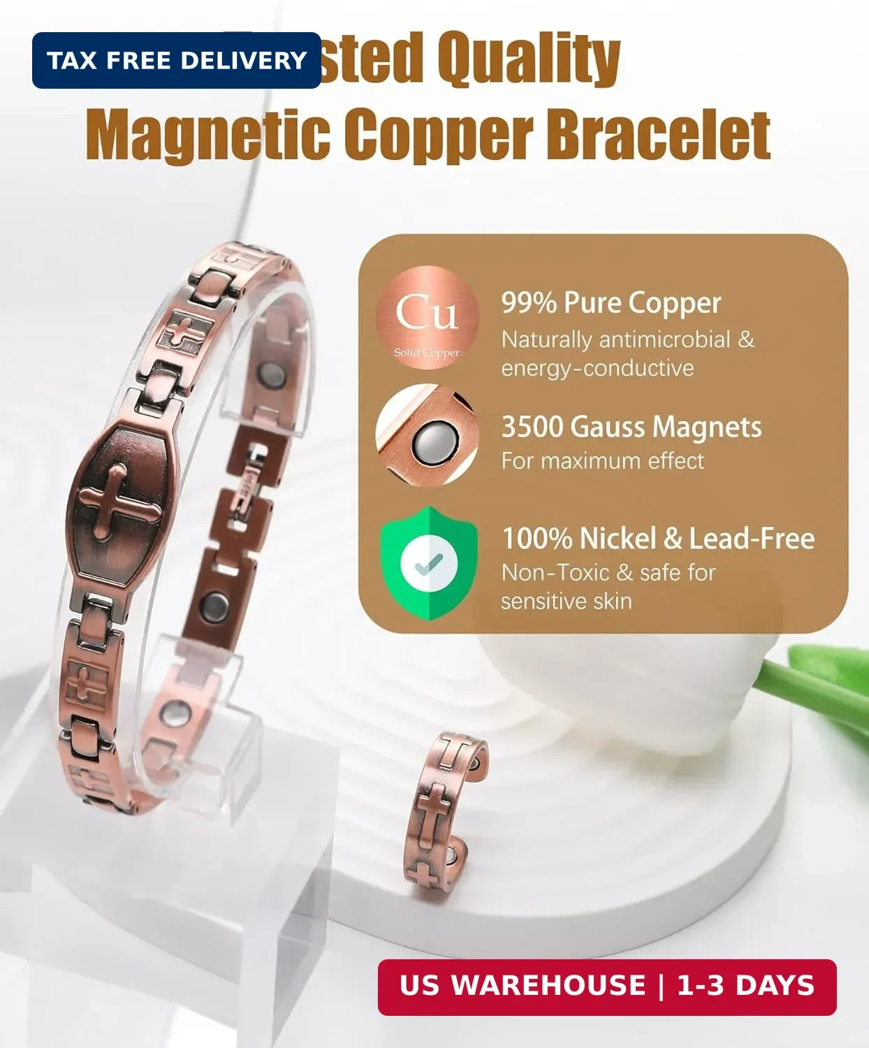 Jeracol Copper Cross Magnetic Bracelet & Ring for Women – 99.9% Solid Pure Coppe