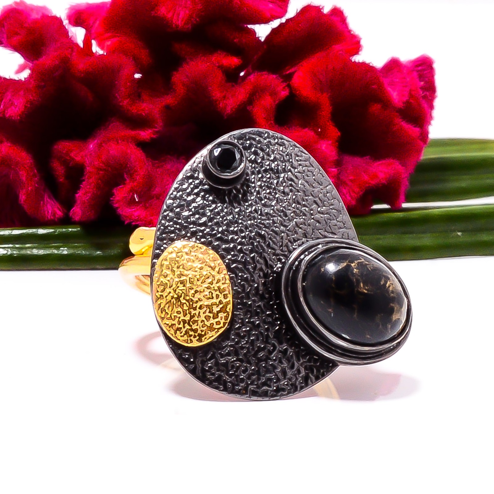 Copper Black Turquoise, Black Onyx Gold Plated 925 Sterling Silver Ring s.6 Sku4