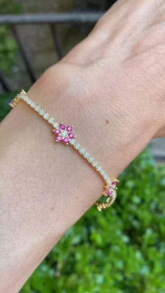 7.29 Ct Round Simulated Ruby 925 Yellow Sterling Silver Floral Tennis Bracelet