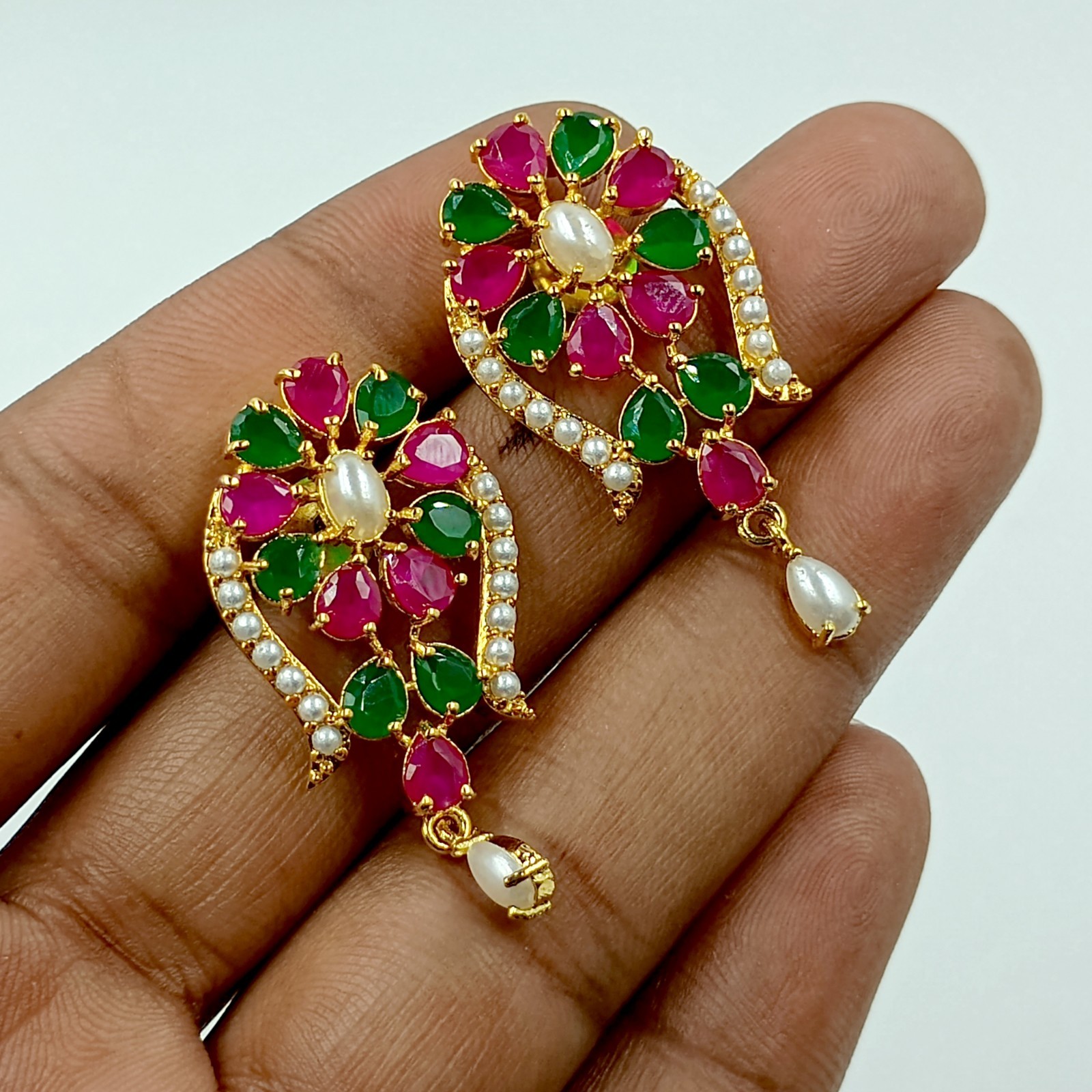 South Indian Ruby Emerald Pearl Pendant Set 22k Gold Plated Bridal Set