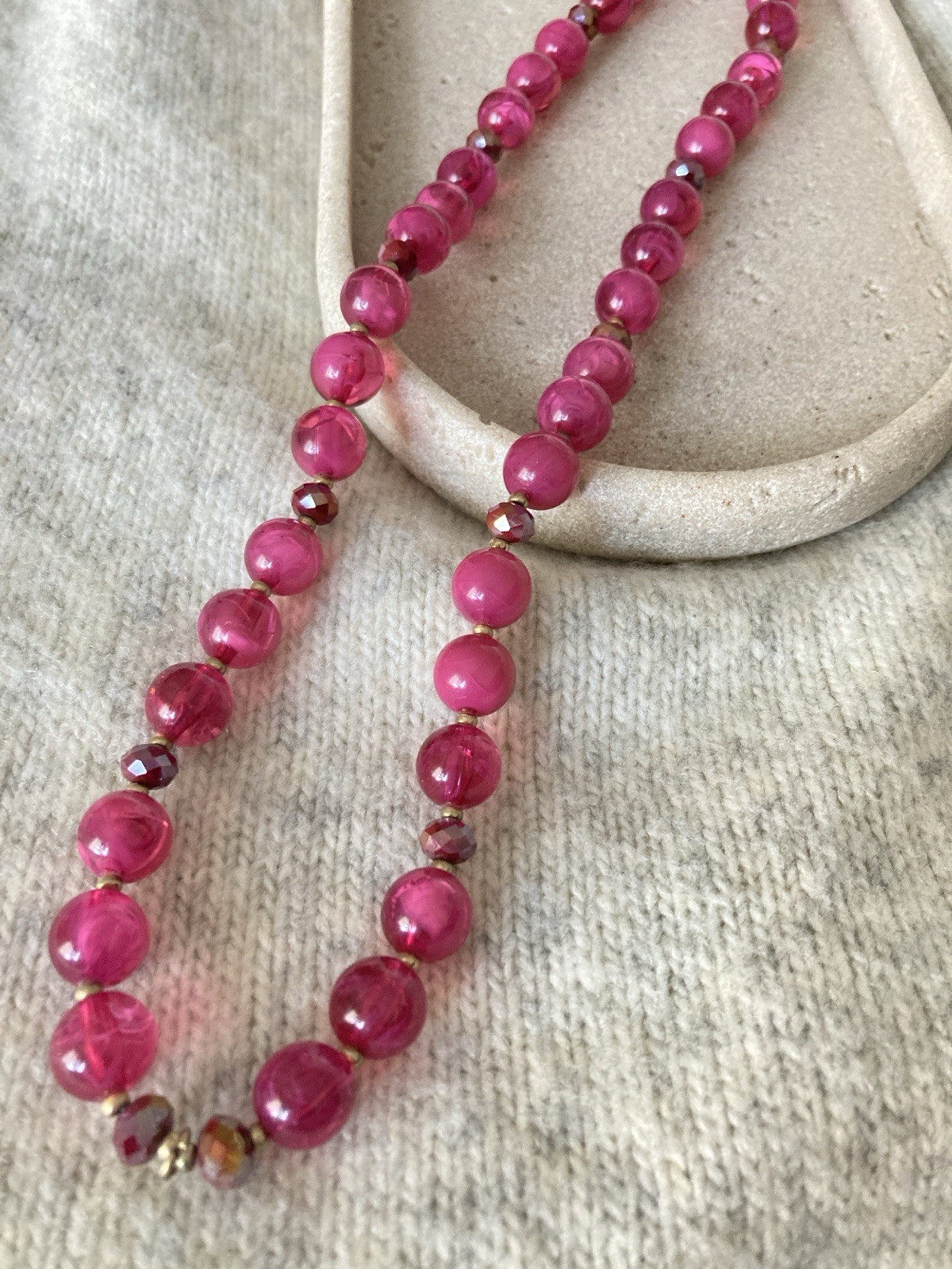 Vintage Raspberry Pink Beaded Necklace Glam Romantic Long Glossy Party Evening