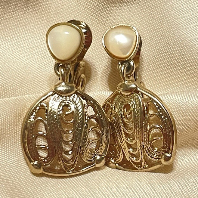 Vintage Monet Gold Tone Round White Faux Pearl Dangle Drop Clip-On Earrings