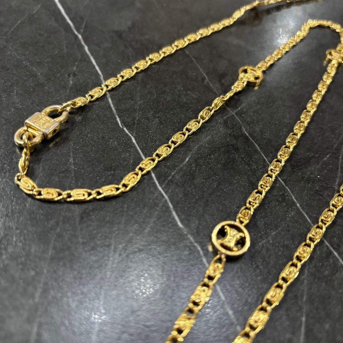 Celine Necklace Long Chain Triomphe Logo Gold Tone Vintage Jewelry Japan