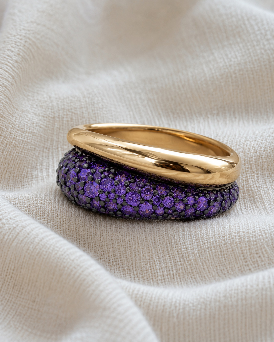Gold Plated Purple CZ Pave set Statement Ring Wide Band Fashion Ring for Women