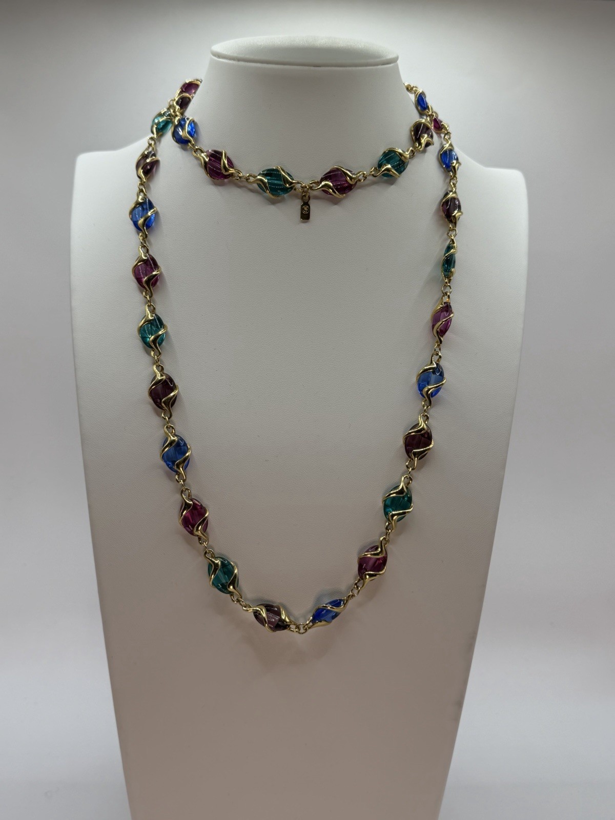 Swarovski Multicolor Caged Crystal Necklace Gold Tone 36” Signed