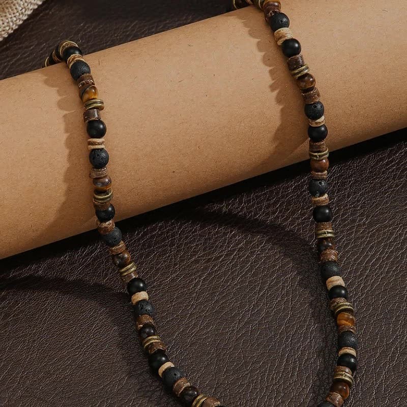 Mens Boho Necklace Tiger Eye Lava Stone Wood Beads Surfer Handmade Choker
